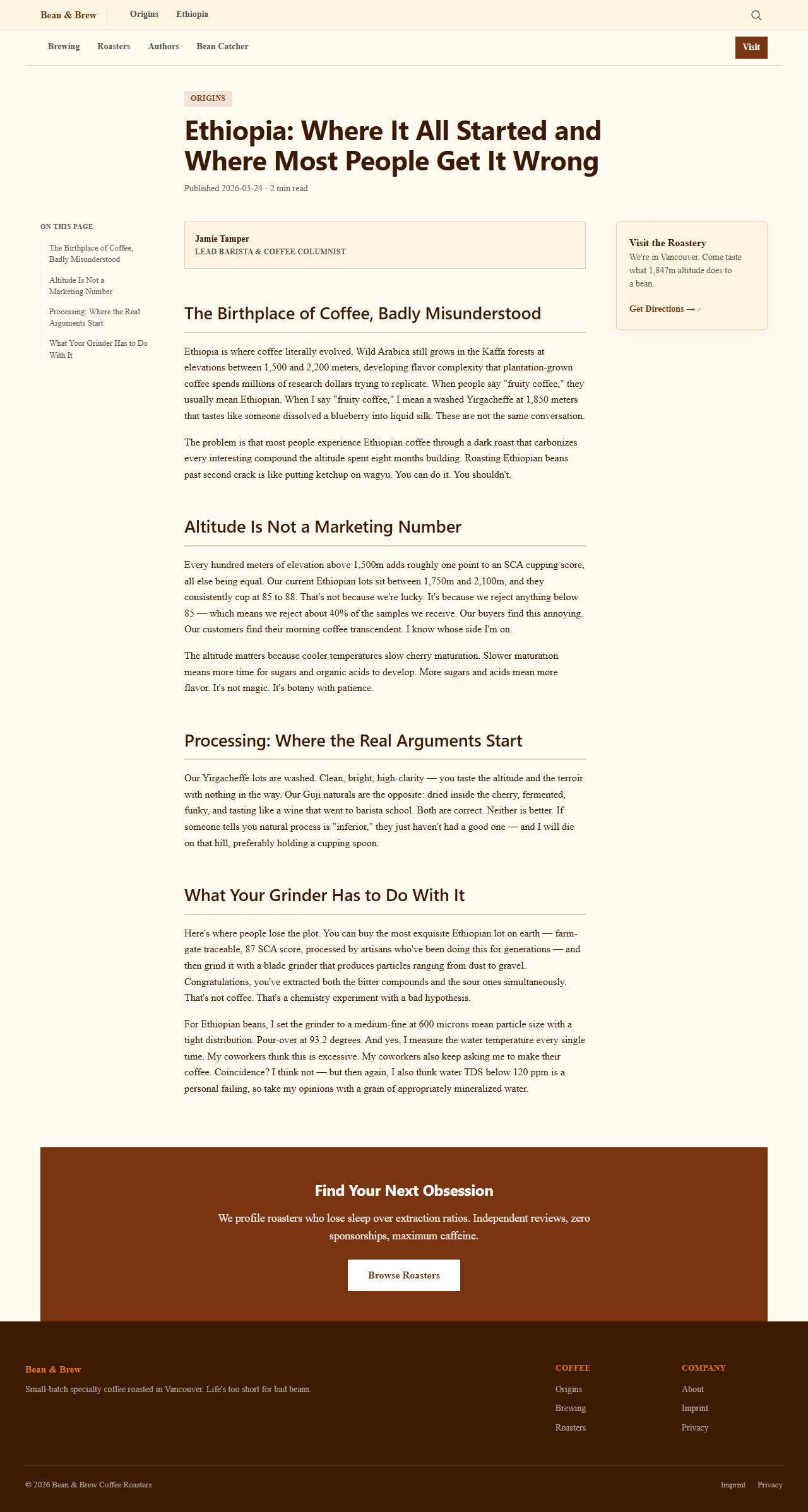 Article page showing two-row navigation with offerings bar and content nav