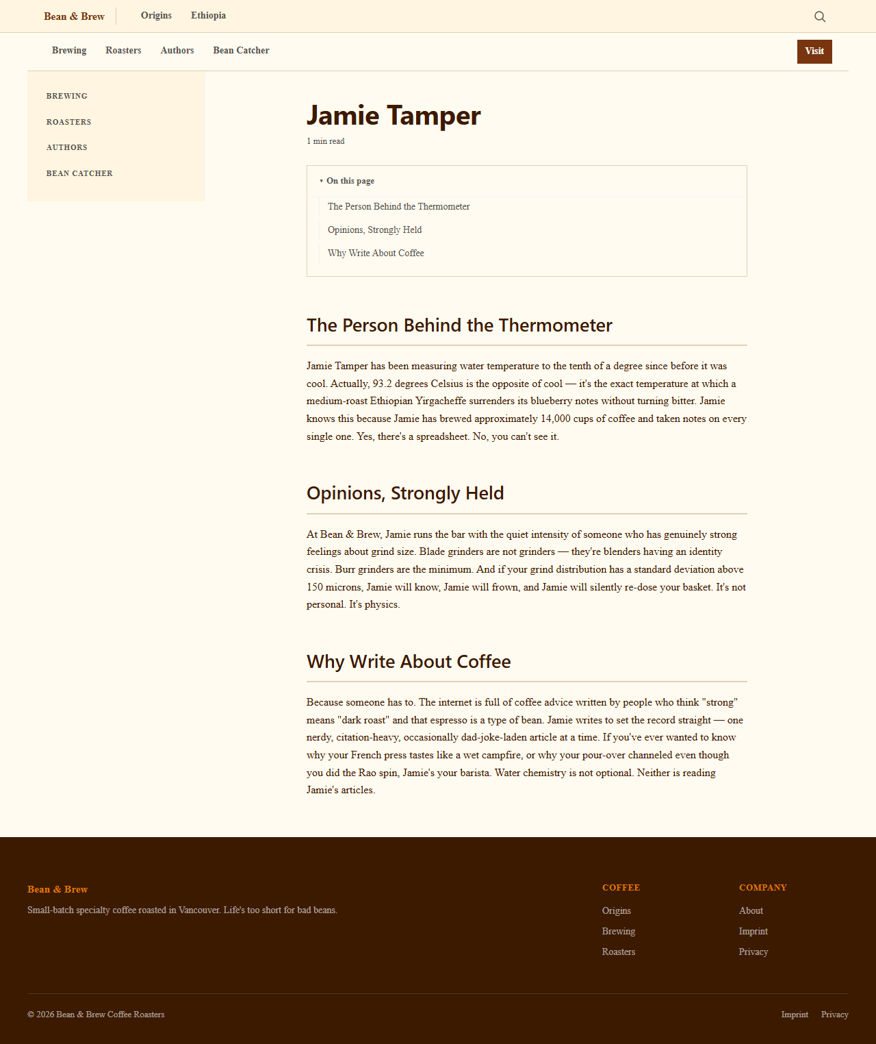 Jamie Tamper author page with opinionated coffee columnist bio