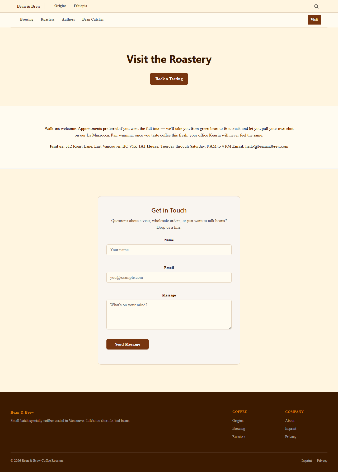 Contact page with form styled in brand colors