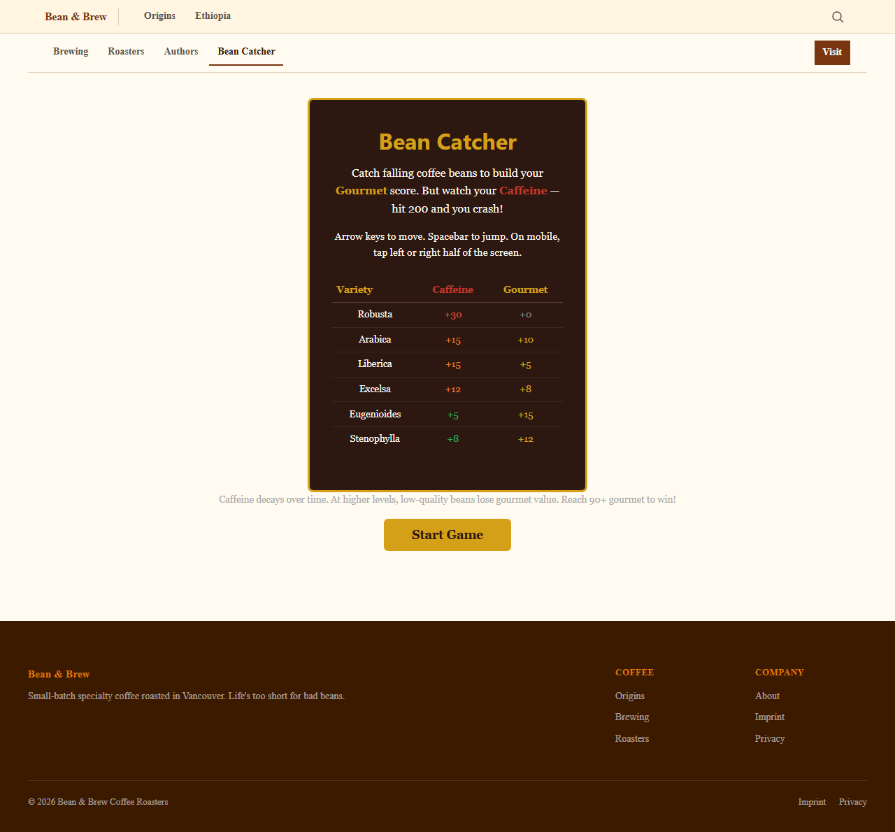 Bean Catcher game start screen with instructions and bean legend