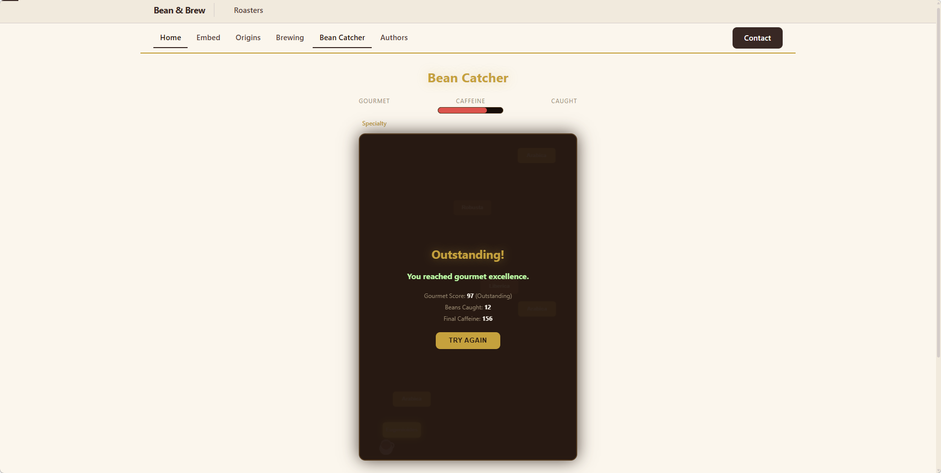Outstanding! Gourmet Score 97, 12 beans caught, caffeine at 156