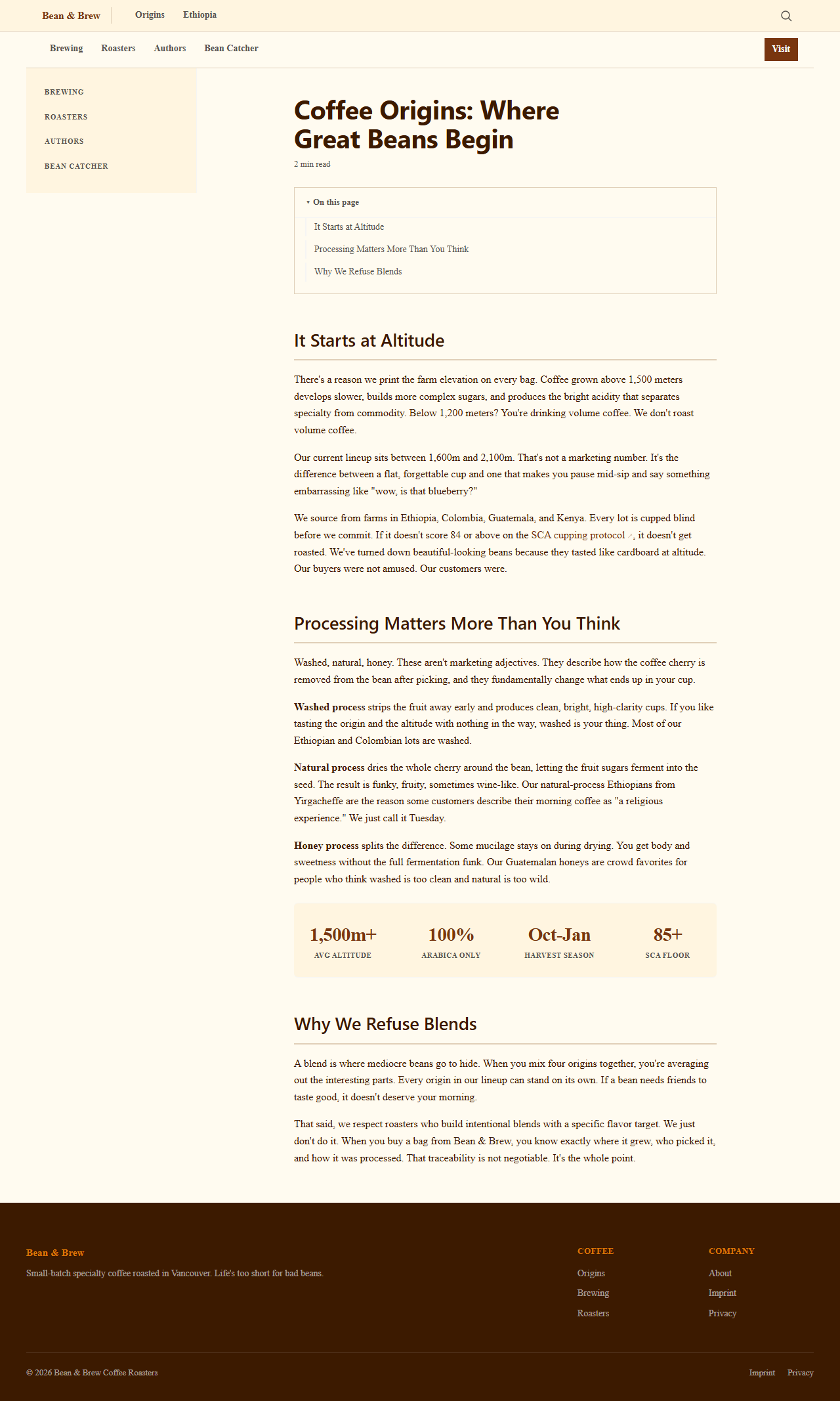 Origins page with stats bar showing altitude, arabica percentage, harvest season, and SCA score