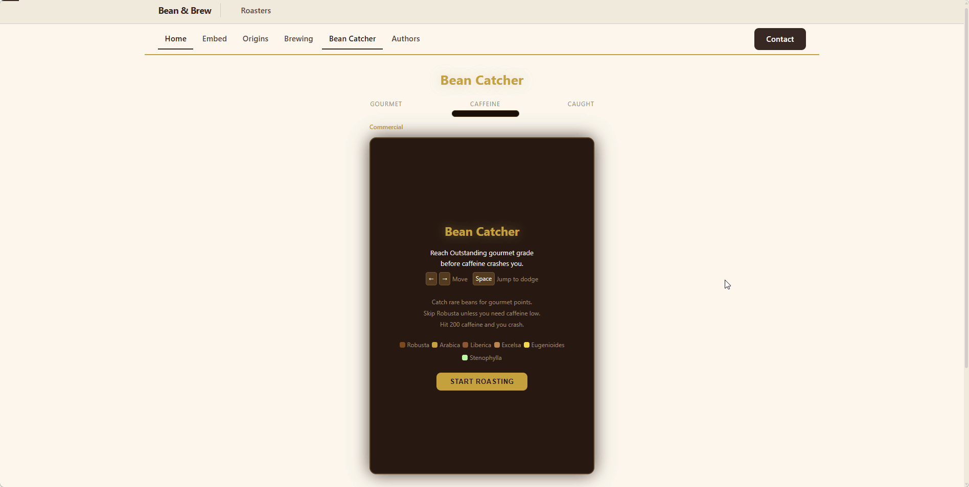 Bean Catcher gameplay, catching beans, dodging Robusta, climbing gourmet levels