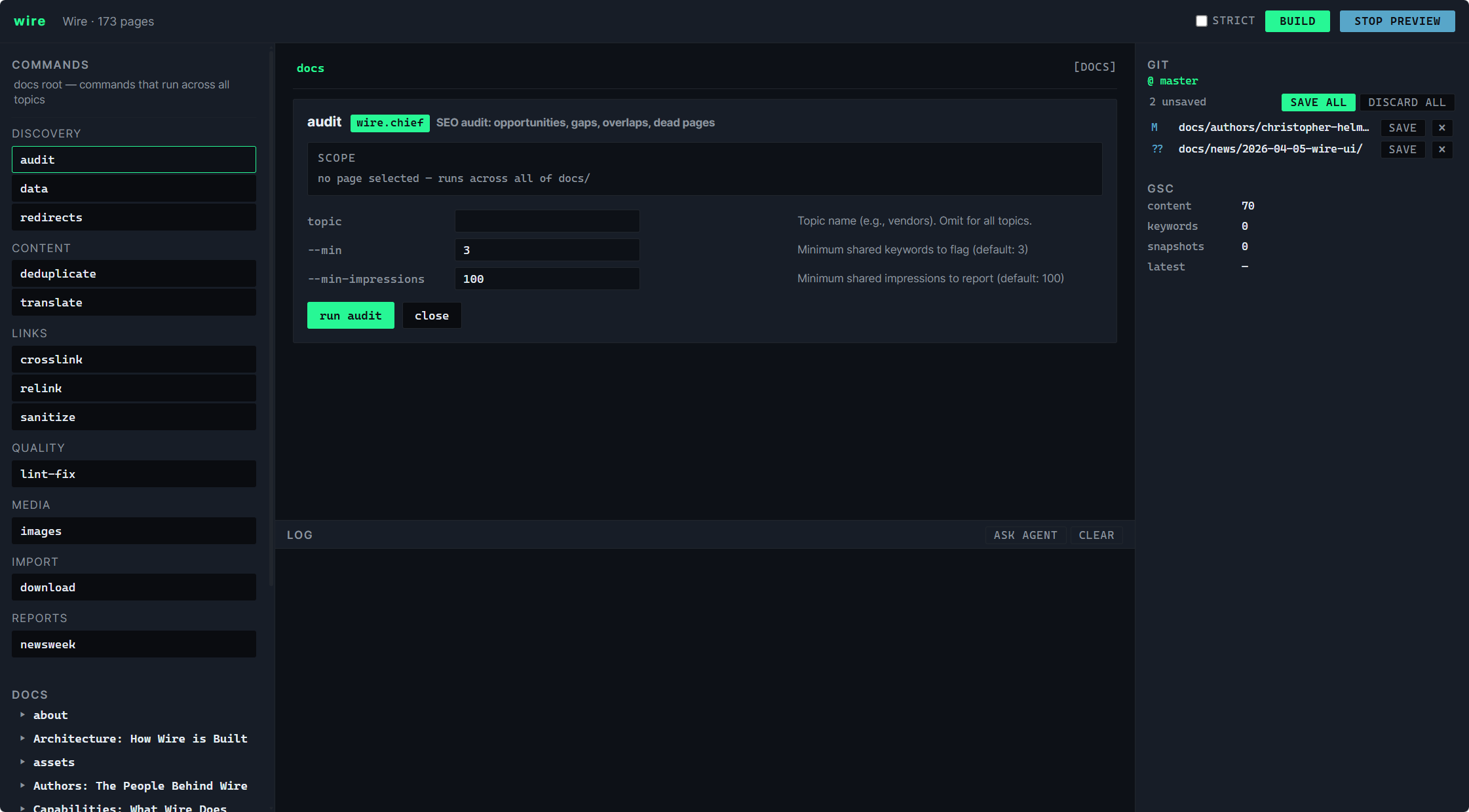 wire ui at docs root: strict + build + stop preview in the topbar, docs-root command palette, audit command form open with scope and flag hints, clean git pane