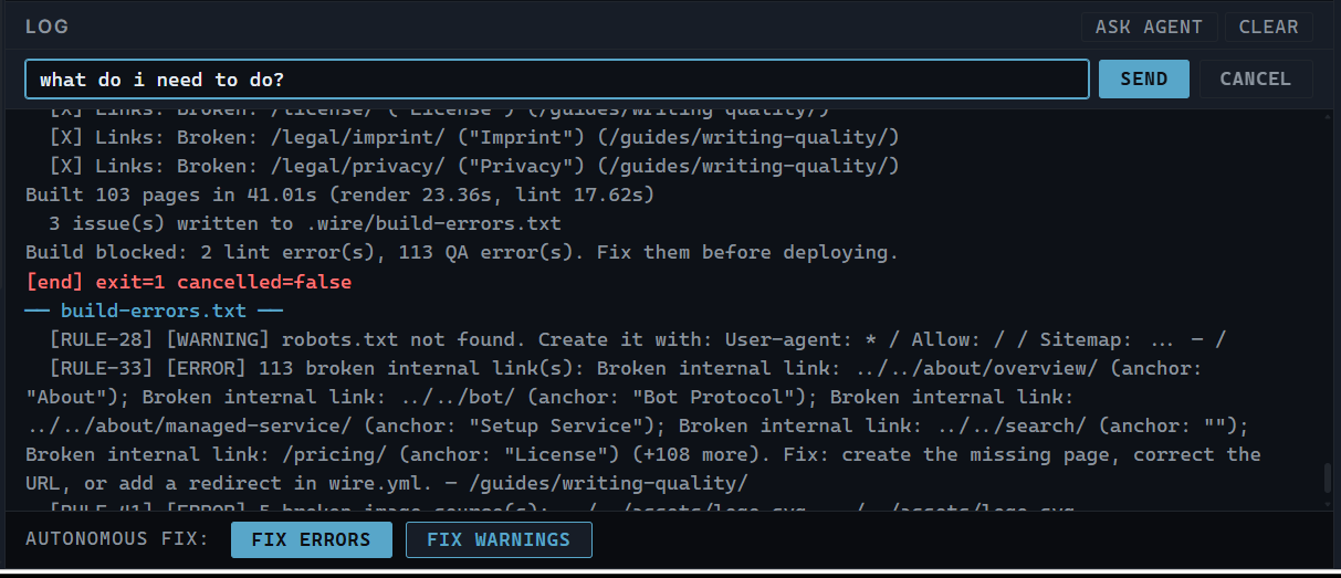 ask agent input opens above the log with a failed build's output below and fix-errors/fix-warnings buttons underneath