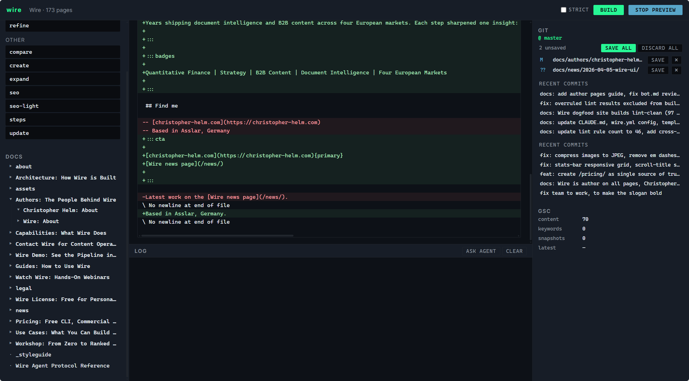 clean git pane: unsaved files, save/discard buttons, recent commits list, with a file diff open in the main pane