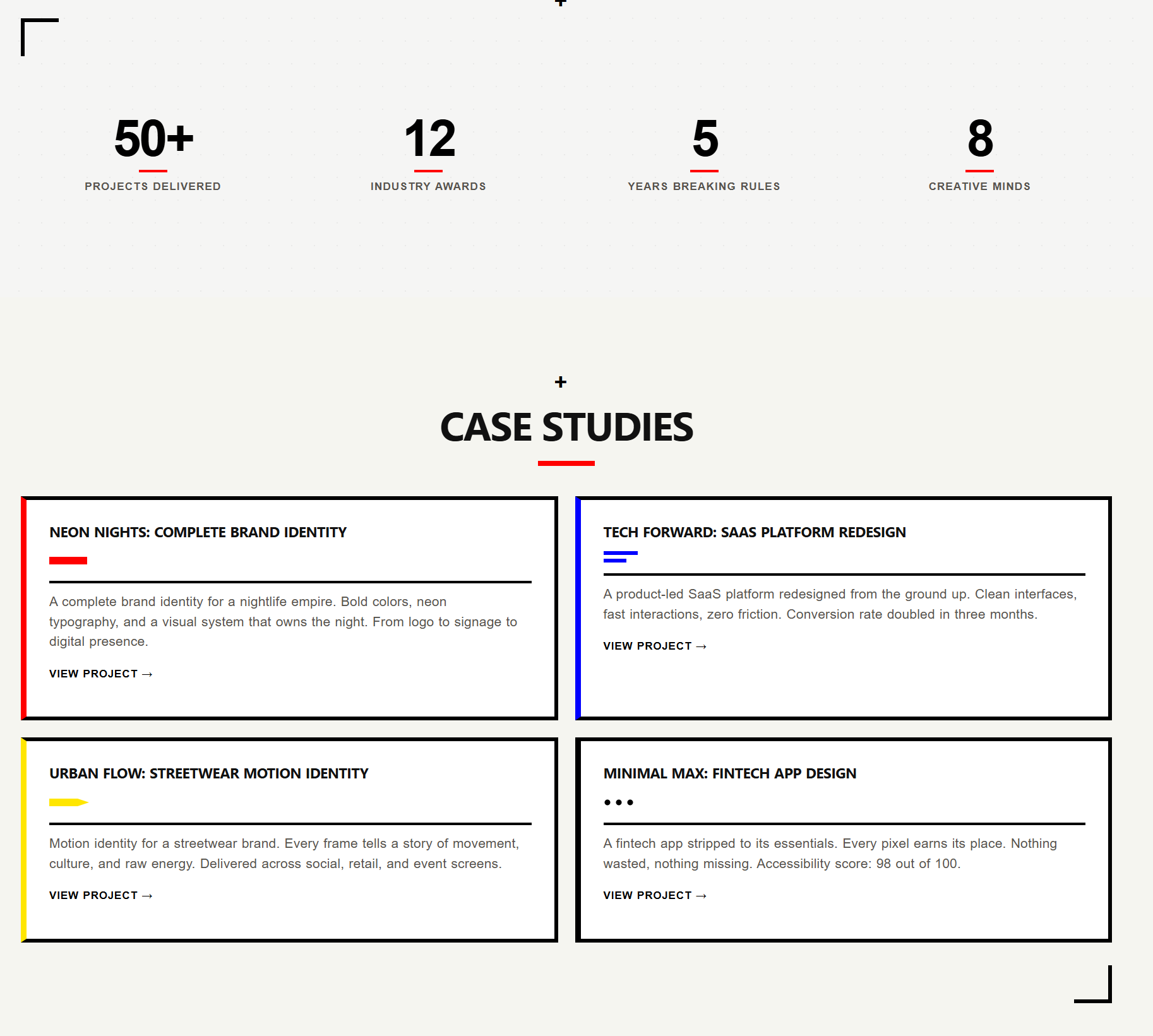 Stats bar and case study cards. Wire generated the grid. The CSS added thick borders, colored left accents, and horizontal rule separators.